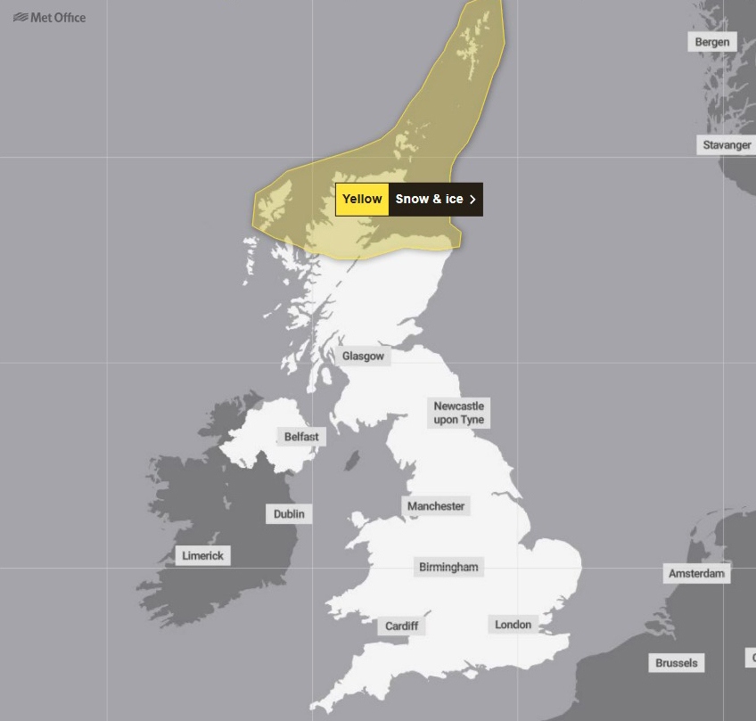 There is a yellow warning for snow and ice in northern Scotland from 4pm on Sunday until 11am on Monday