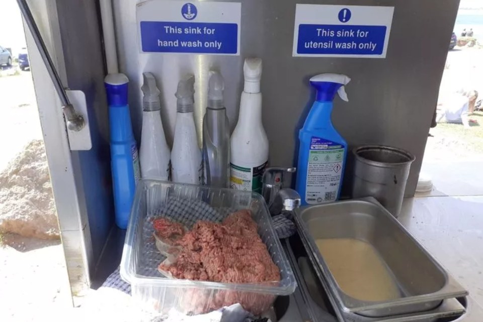 Defrosting raw fish and an open packet of raw mince were discovered in the hand-washing basin