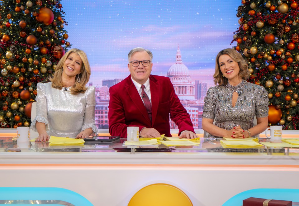 Kate Garraway, Ed Balls, and Susanna Reid on the set of Good Morning Britain.