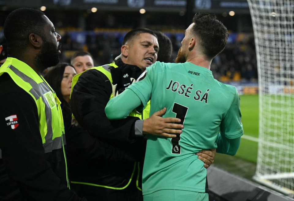 Stewards tried to calm down and restrain the Wolves keeper