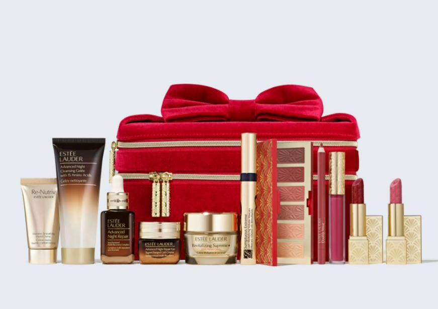 Estée Lauder 11-piece skincare and makeup gift set in a red velvet case.