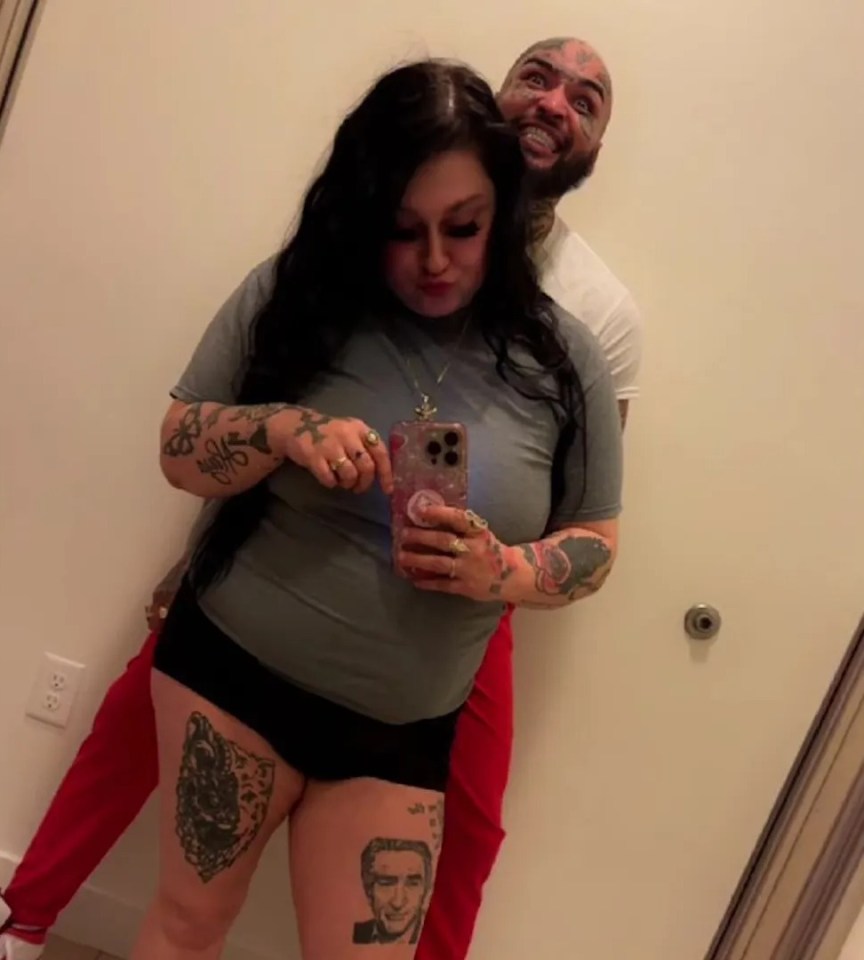 Woman with tattoos and her new incarcerated fiancé.