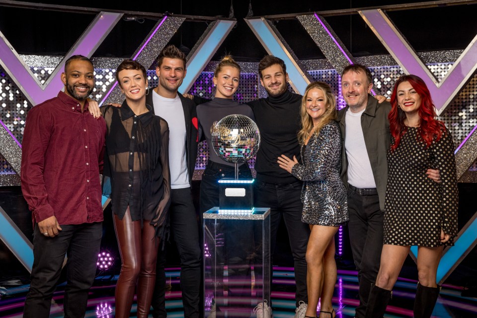 JB Gill, Tasha Ghouri, Sarah Hadland and Chris McCausland pose with their partners ahead of the Strictly final