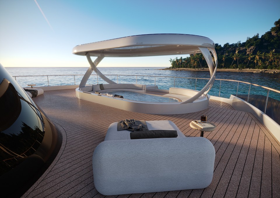 The Solsea superyacht's deck features a hot tub, lounge area, and 180-degree ocean views.