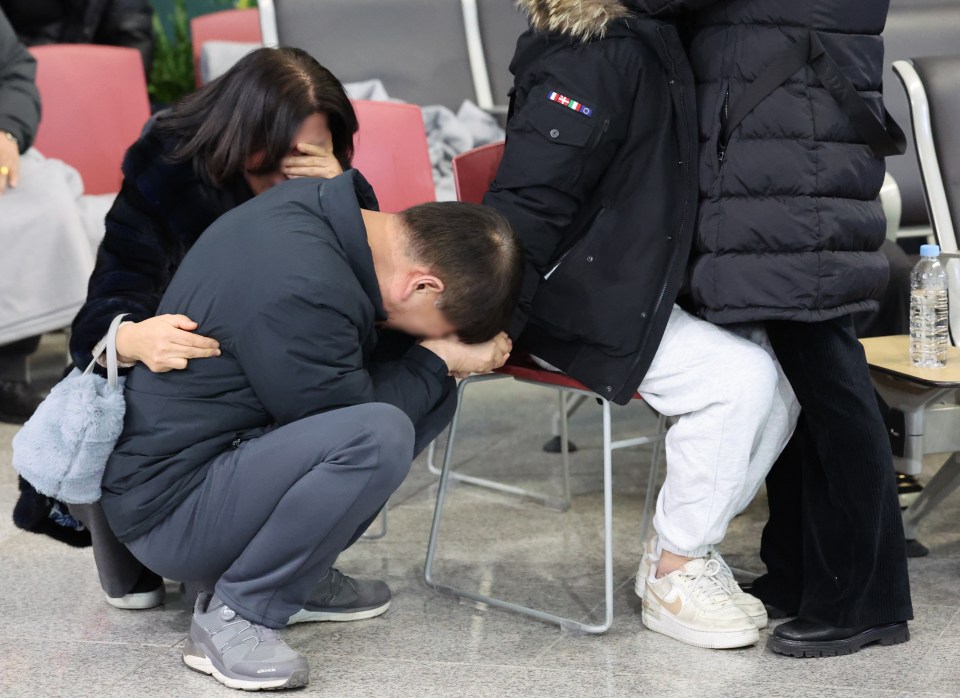 Grieving family members at an airport following a plane crash.