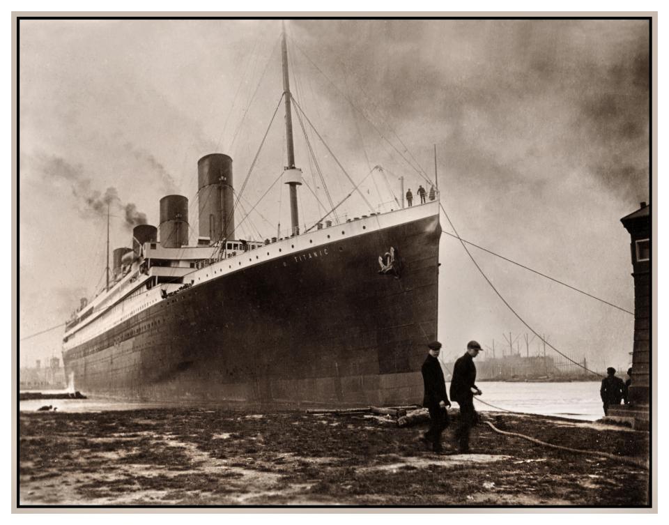 The RMS Titanic leaving the Harland & Wolff shipyard.