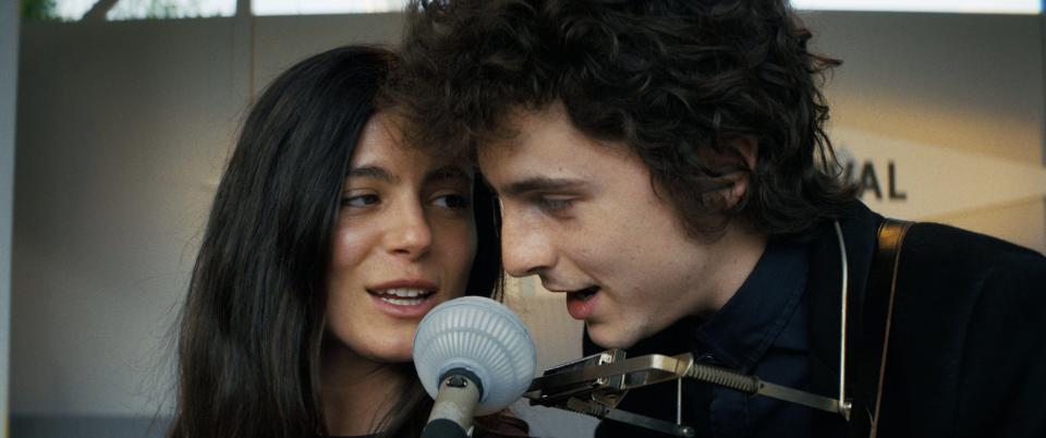 Chalamet and Monica Barbaro duet as Dylan and Baez in A Complete Unknown