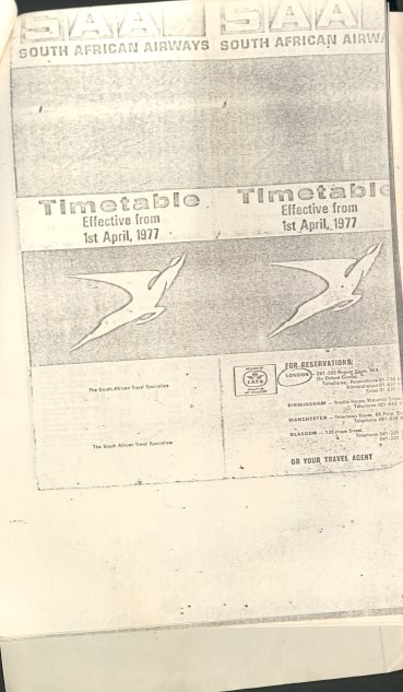 A South African Airways timetable of flights from London to Johannesburg dated 1977