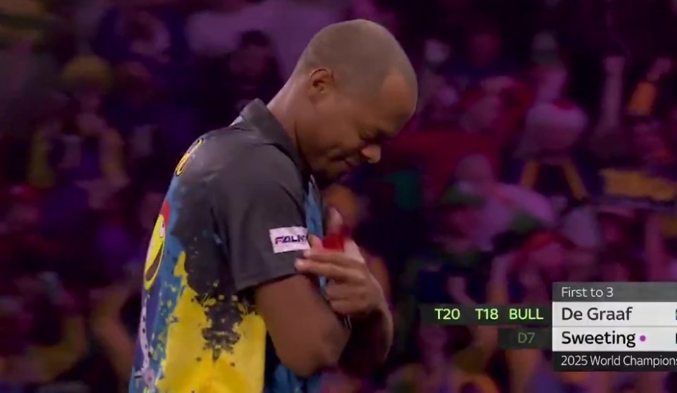 Rashad Sweeting reacting after a darts match.