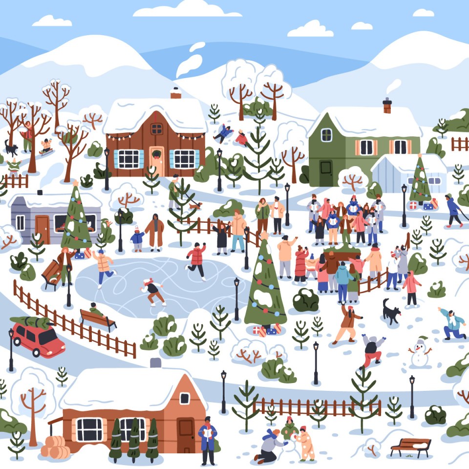 Can you spot the elf amongst the villagers enjoying the snow?