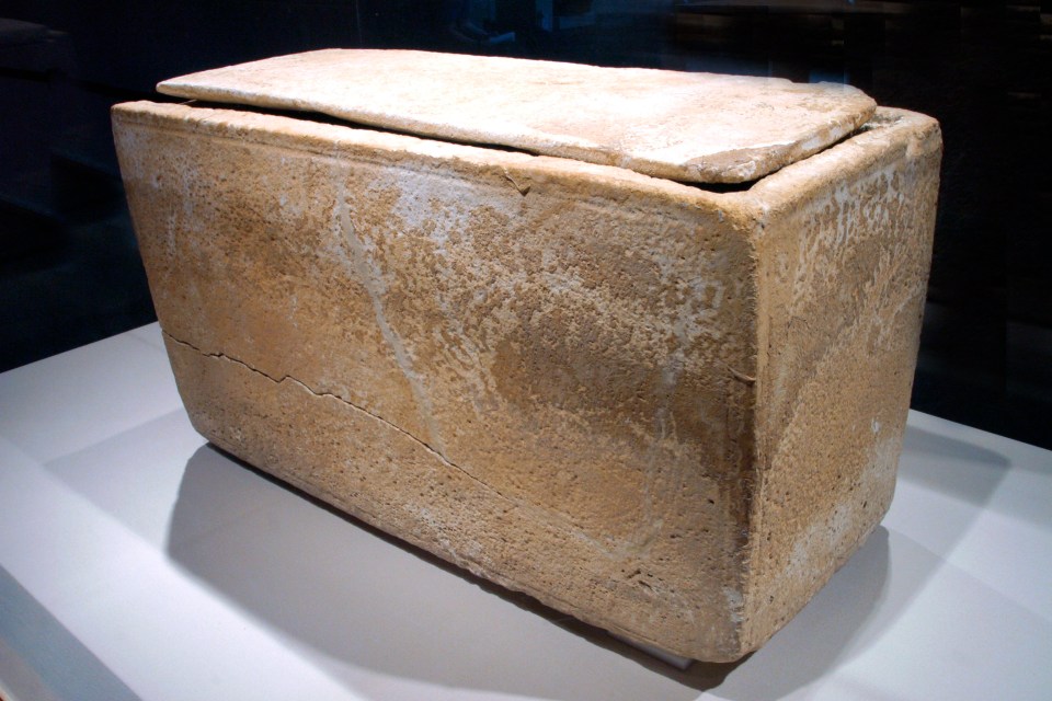 An artefact believed to have once contained the bones of Jesus’ brother James sits on display in 2002