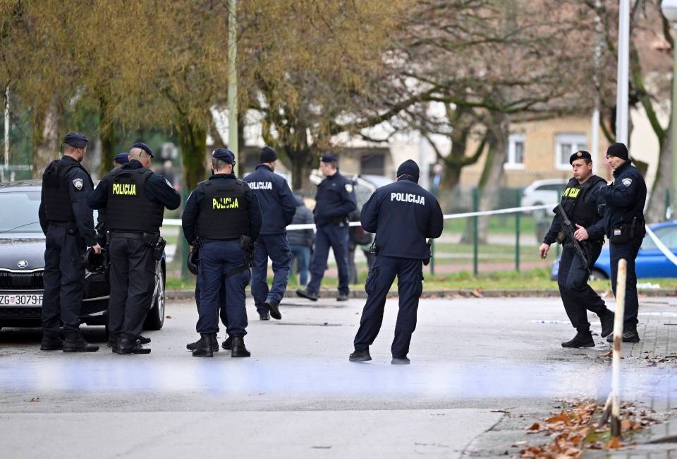 Police officers at the scene of a knife attack at a Zagreb elementary school.