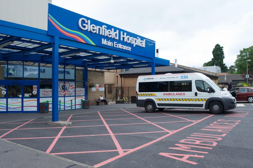 Glenfield Hospital main entrance with ambulance.