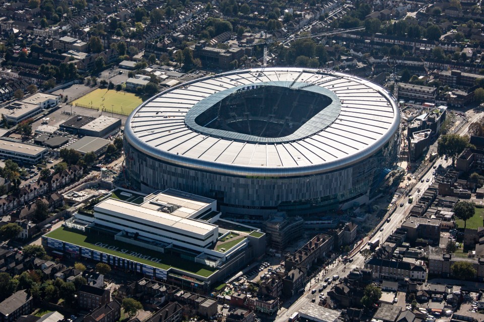 Aerial view of Tottenham Hotspur Stadium under construction.