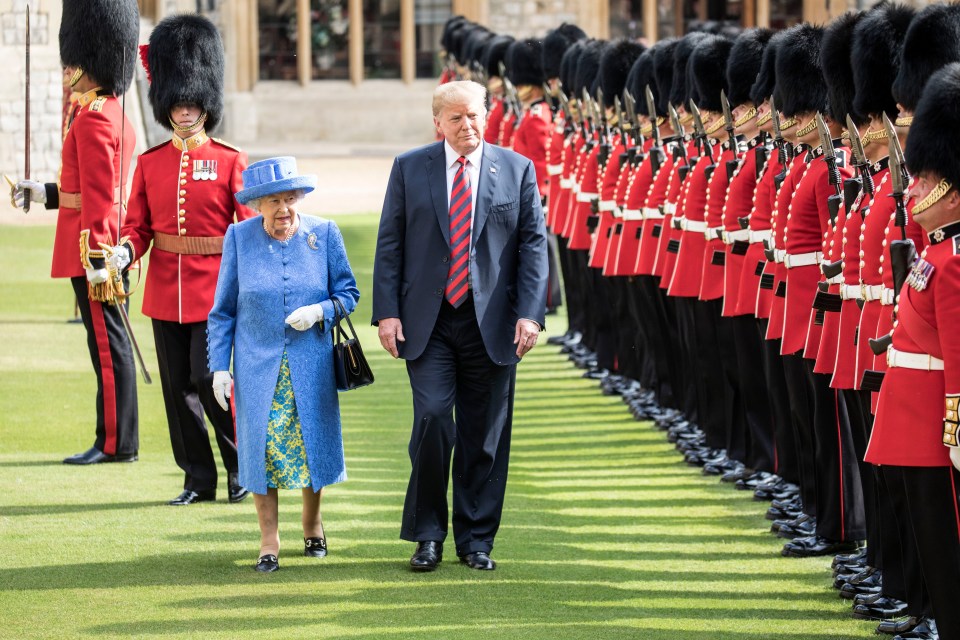 Queen Elizabeth II and President Donald Trump inspecting a guard of honor at Windsor Castle.