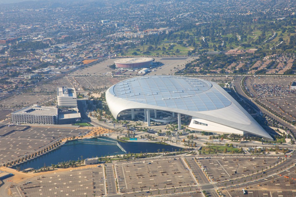 Aerial view of SoFi Stadium and The Forum in Inglewood, Los Angeles.