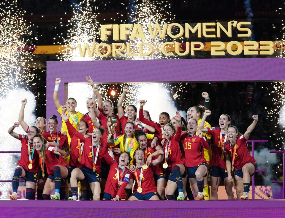 Spain's women's soccer team celebrates winning the 2023 FIFA Women's World Cup.