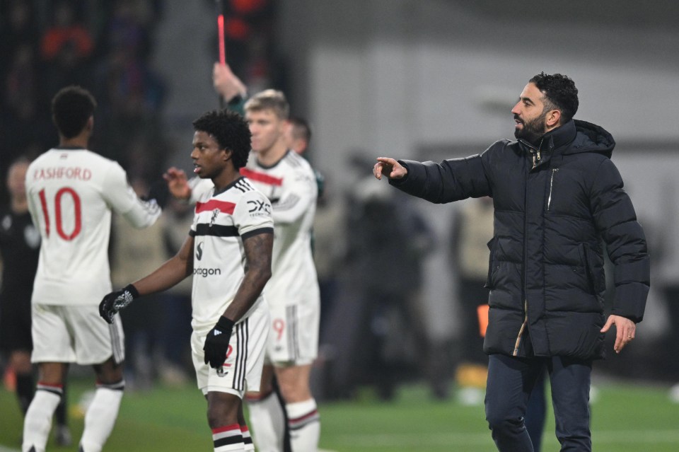 Rúben Amorim, Manchester United's head coach, instructs players during a UEFA Europa League match.