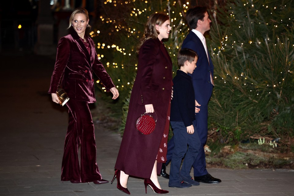 Princess Beatrice, her husband, and stepson arriving at a Christmas carol service at Westminster Abbey.