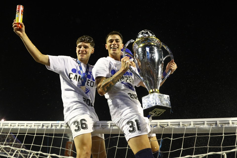 Velez Sarsfield players celebrate winning the Argentine Professional Football League Tournament.