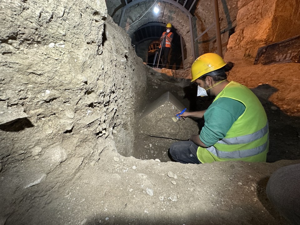 A limestone sarcophagus is uncovered during excavations at a church in Demre district of Antalya, Turkey