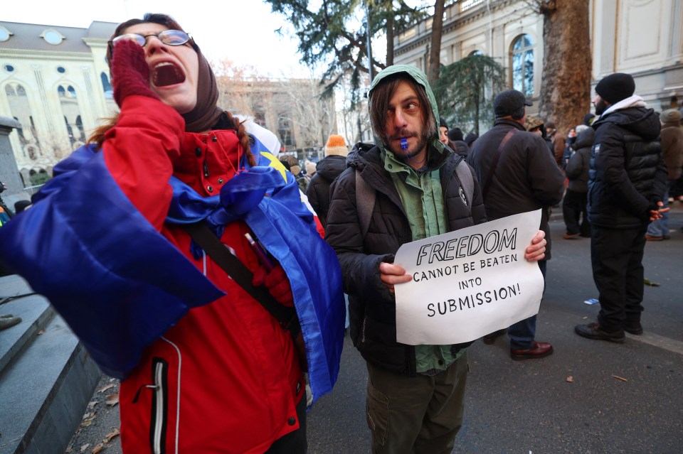 Anti-government demonstrators gather outside the parliament building as parliament members elect a new president in Tbilisi