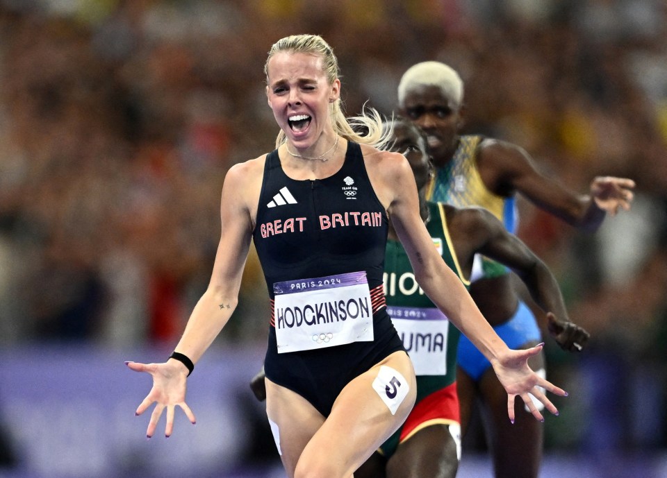 Keely Hodgkinson of Great Britain celebrates winning gold in the women's 800m final at the Paris 2024 Olympics.