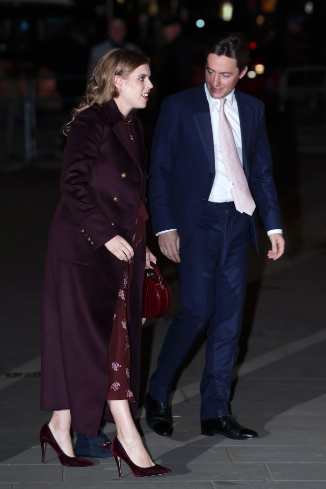 Princess Beatrice of York and Edoardo Mapelli Mozz arriving at the Christmas carol service