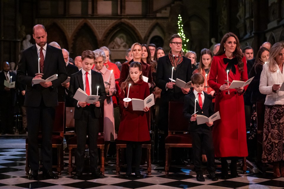 Prince William, Princess Catherine, and their children at a Christmas carol service.