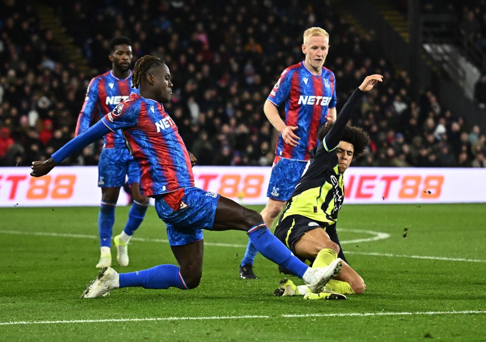 Rico Lewis was sent off for a second yellow card after this challenge on Trevoh Chalobah