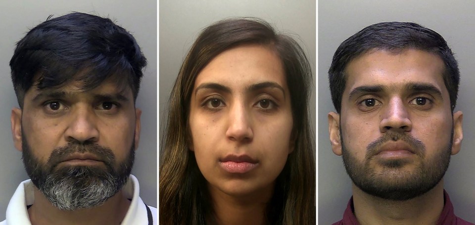 Mugshots of Urfan Sharif, Beinash Batool, and Faisal Malik, convicted in Sara Sharif's murder.