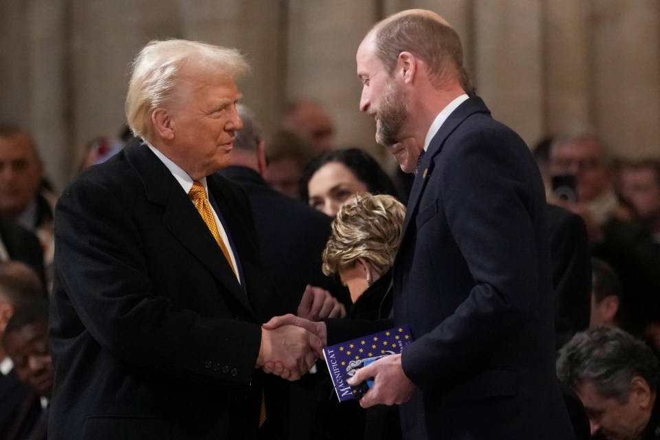 Donald Trump shaking hands with Prince William at the Notre Dame Cathedral reopening ceremony.