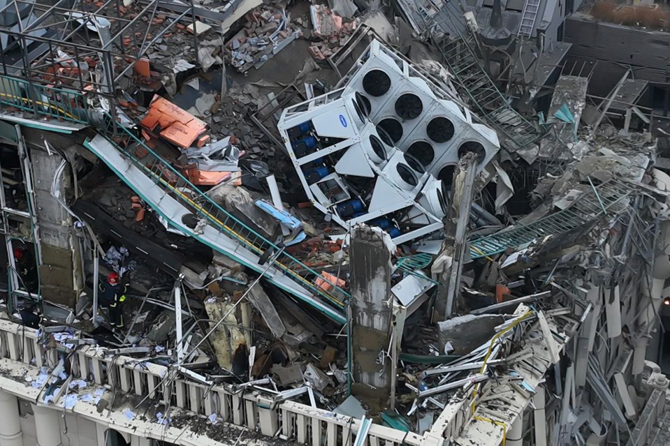 The roof of a building caved in as devastation swept across Ukraine