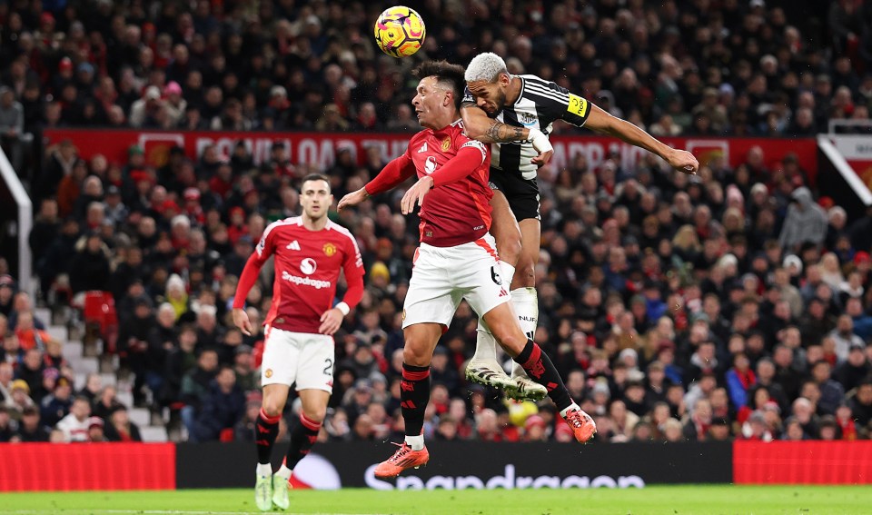 Joelinton doubled Newcastle's advantage when he climbed above Lisandro Martinez