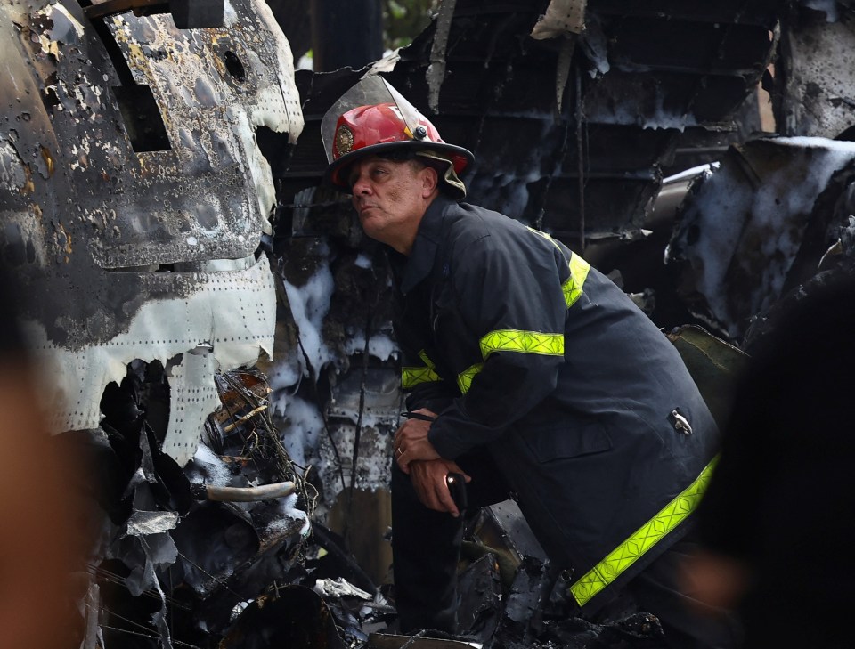 A firefighter looks at the burnt rubble of the plane