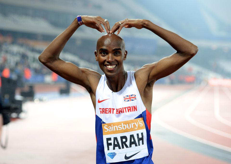 The legend’s victory pose after he secured a 3,000m win in London, 2015