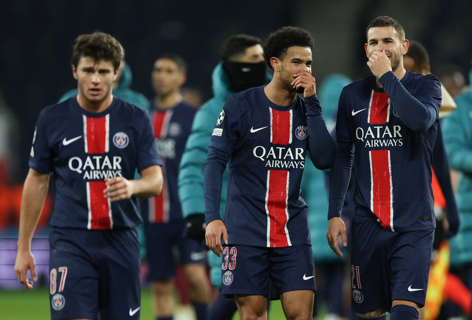 Paris Saint-Germain players Joao Neves, Warren Zaire-Emery, and Lucas Hernandez reacting after a Champions League match.