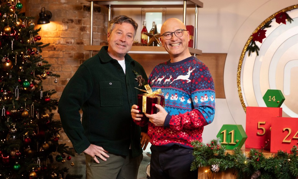 Wallace and TV co-host John Torode in Christmas jumpers on promotional pics for the semi-final of MasterChef: The Professionals