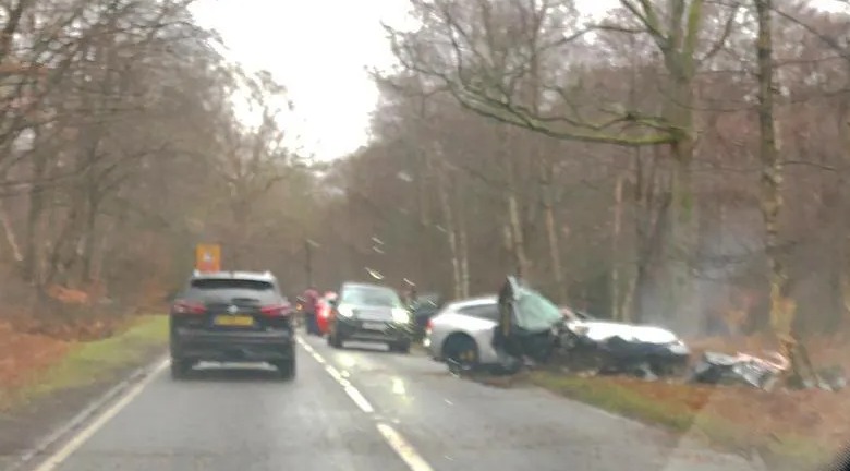 The smashed supercar at the side of the road after the horrific accident