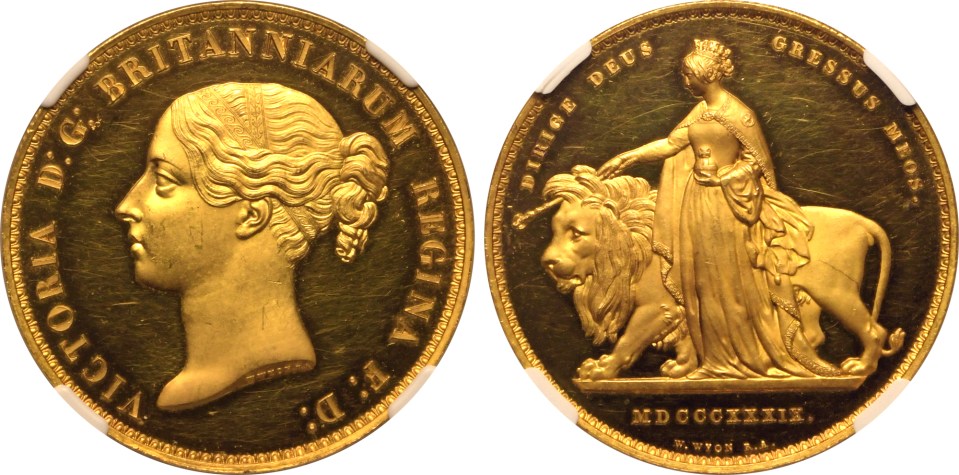 1839 gold five-pound coin depicting Queen Victoria and a lion.