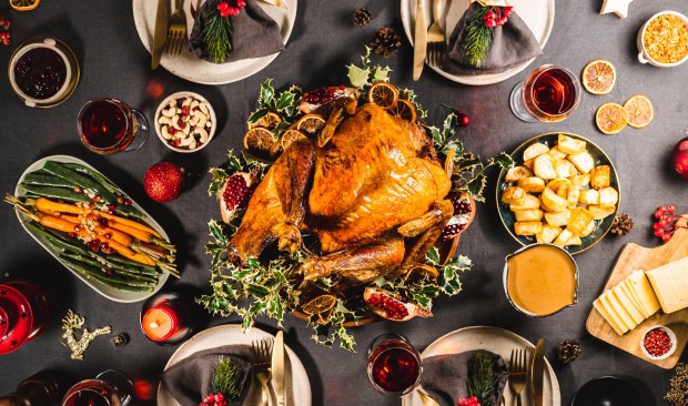 Overhead view of a delicious Christmas dinner with roasted turkey, vegetables, and red wine.