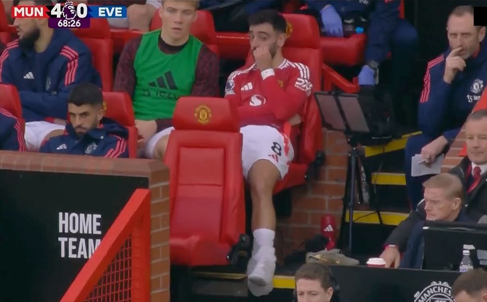 Man Utd fans are concerned about Bruno Fernandes' injury status after he was spotted wearing an ice pack at Old Trafford on Sunday