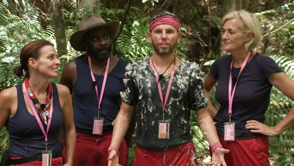 Coleen Rooney, Melvin Odoom, Dean McCullough, and Jane Moore after a trial on *I'm a Celebrity...Get Me Out of Here!*