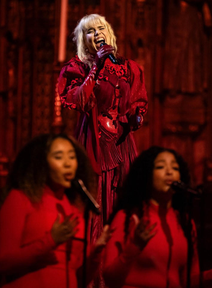 Paloma Faith performing at a Christmas carol service in Westminster Abbey.