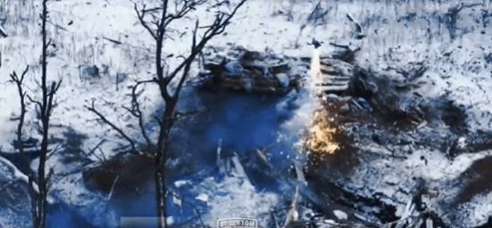 The Ukrainian drone spews thermite on a Russian bunker