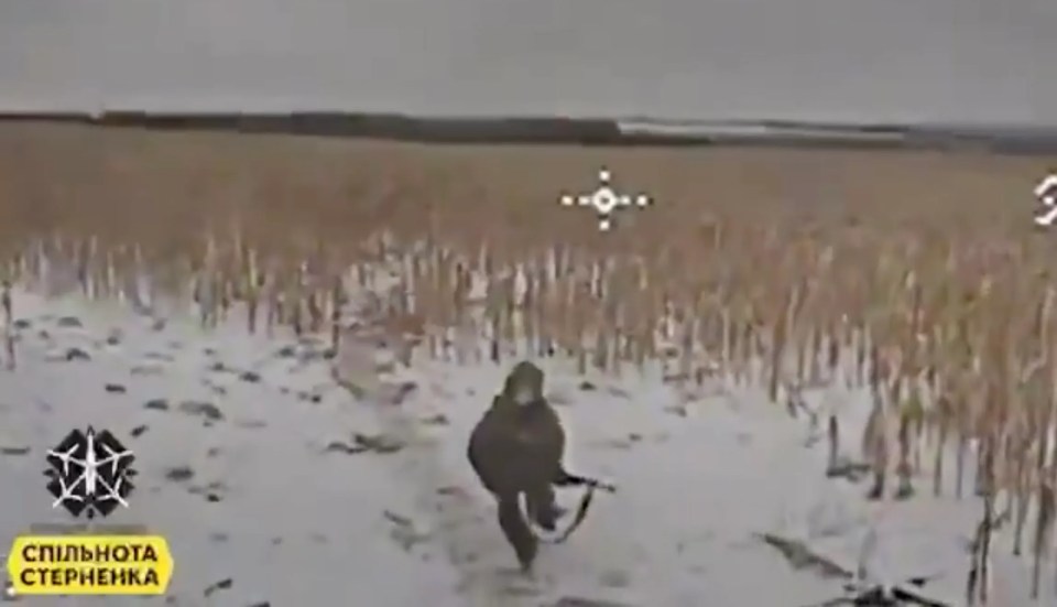 A fighter identified by the Ukrainian army as North Korean in a vast, snow-covered field