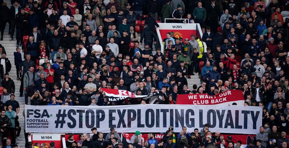 A banner saying 'Stop Exploiting Loyalty' was held up inside and outside Old Trafford