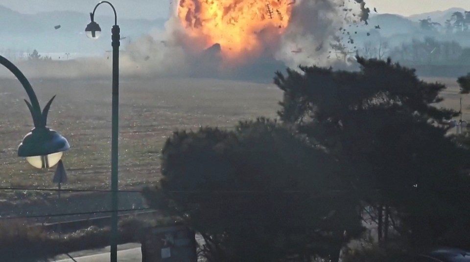 Jeju Air flight 7C2216 crashing and exploding on impact at Muan International Airport.