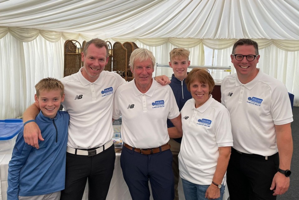 Group photo of six people at Clare's Cup Golf Day, wearing white polo shirts with Mouth Cancer Foundation logos.