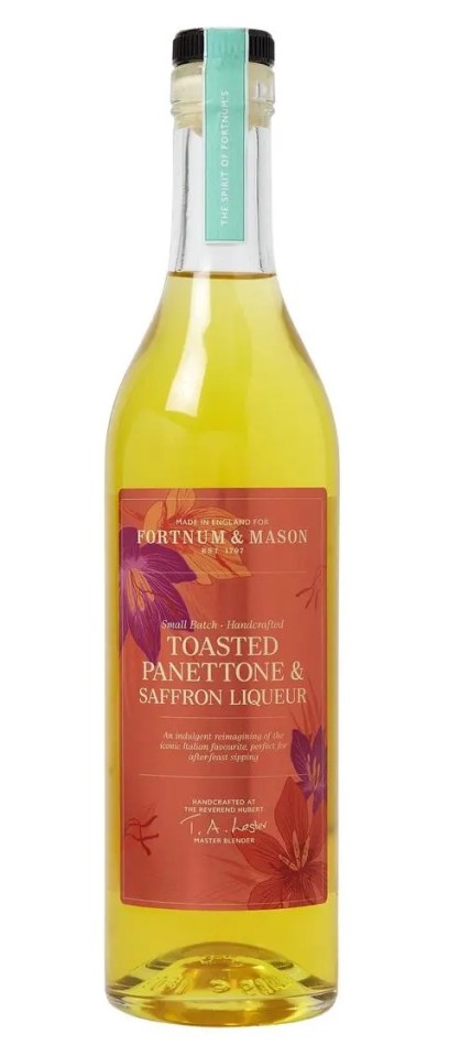 Bottle of Fortnum & Mason Toasted Panettone & Saffron Liqueur.